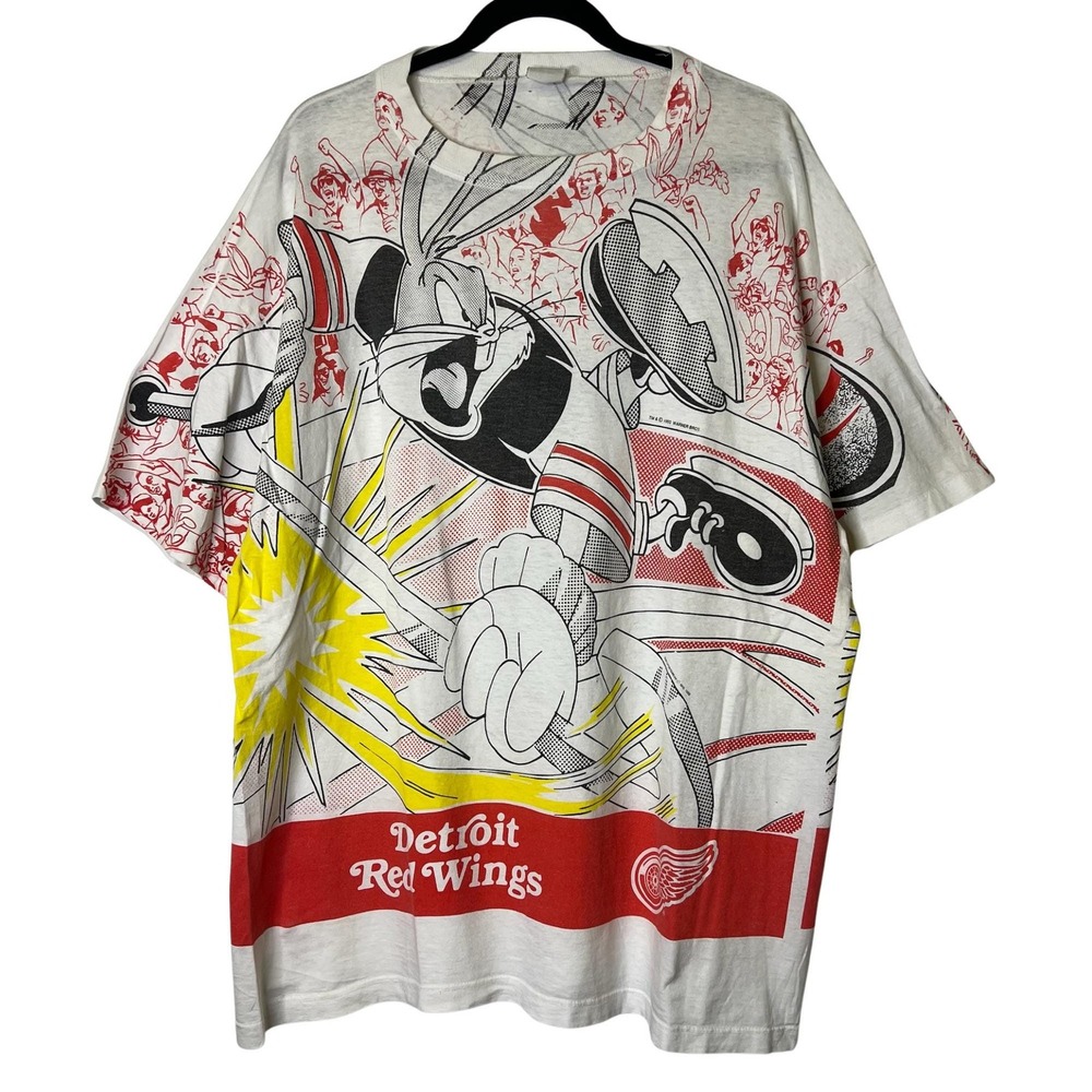 Vintage 90s Detroit Red Wings Bugs Bunny Looney Tunes Hockey AOP Graphic Shirt
